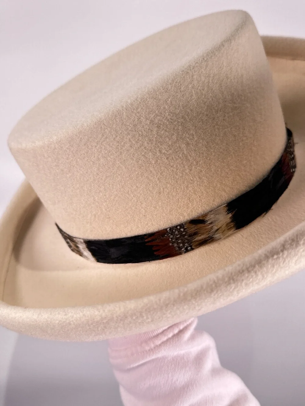 Importina Flat Crown Hat Rolled Brim Feather Band Wool Felt Cream OS